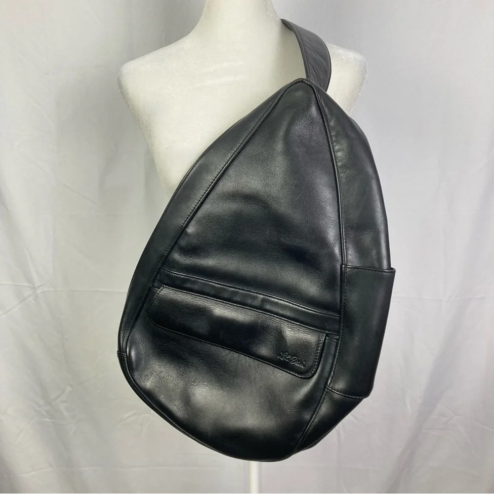 Vintage 1990s L.L.Bean AmeriBag Healthy Back Black Leather Sling Backpack Y2K - Picture 3 of 10